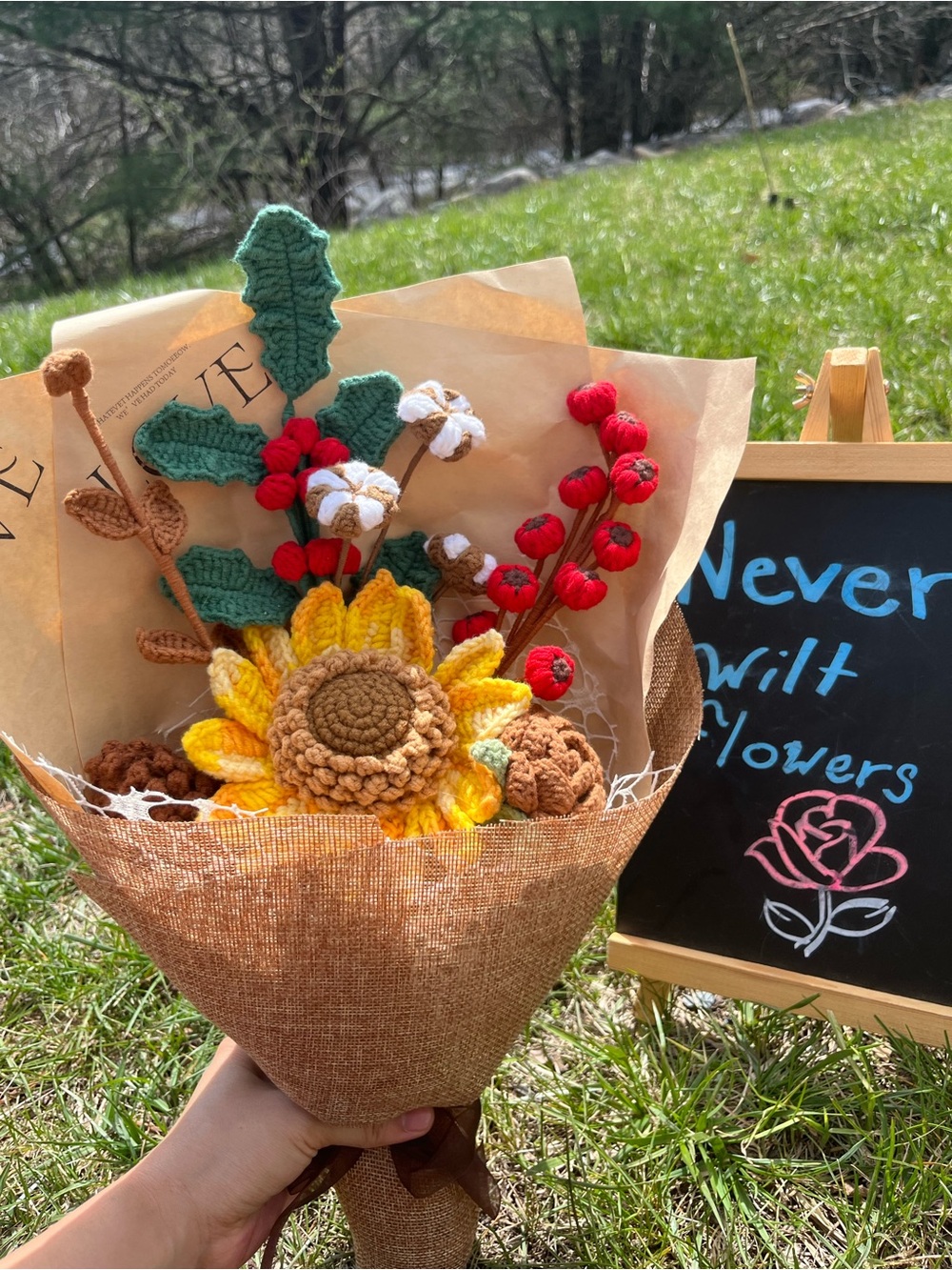 Handmade Crochet Sunflower Bouquet - Yellow, Red, Green